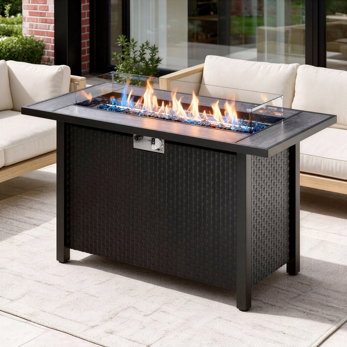 Fire Pit Table in Steel with 50,000 BTU Output and Glass Wind Guard