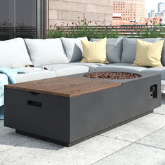 Fire Pit Table, Propane Concrete with Wood-Look Tabletop, Dark Gray and Brown