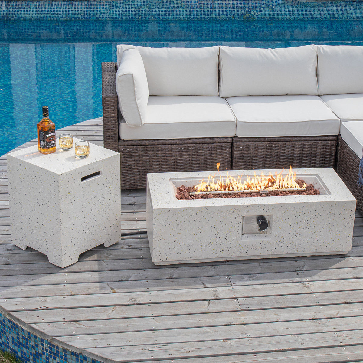 Fire Pit Table, Rectangle Concrete with Cover and Lava Rocks, White