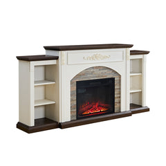 Fireplace TV Stand, 72 In Wide, Cream Manufactured Wood