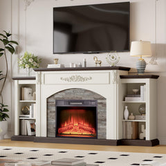 Fireplace TV Stand, 72 In Wide, Cream Manufactured Wood