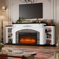 Fireplace TV Stand, 72 In Wide, Cream Manufactured Wood