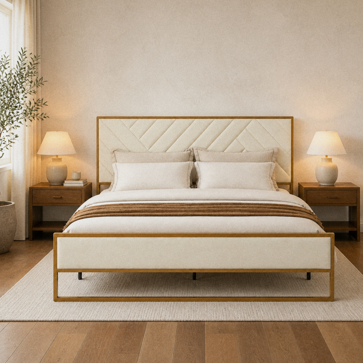 In a room | Straight-on bedroom view of the cream upholstered bed with gold frame, wood nightstands, and table lamps