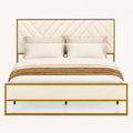 Detail | Close front view of the diagonal channel tufting and soft cream upholstery on the headboard and footboard
