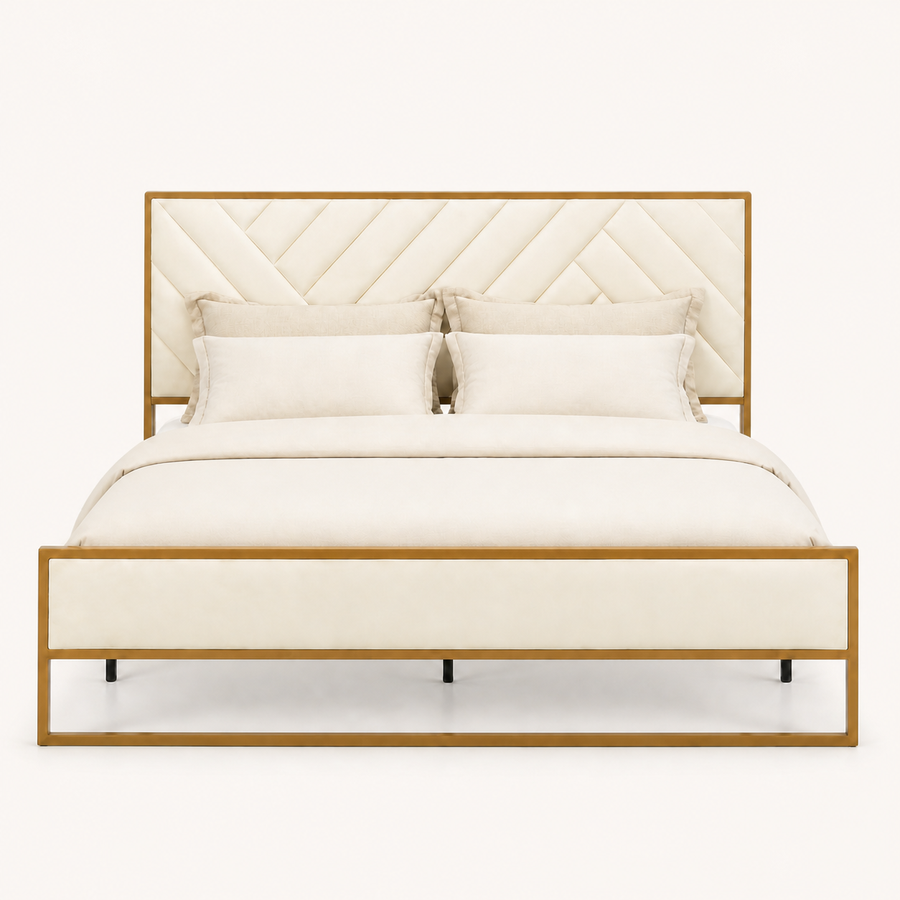 Front | Straight-on studio view of the full bed frame, including the headboard, footboard, and center support legs