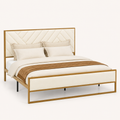 Studio | Three-quarter studio view of the cream upholstered headboard and gold-finish iron frame
