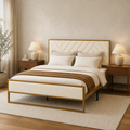 Angle | Three-quarter bedroom view showing the diagonal channel tufting, rectangular footboard, and open base