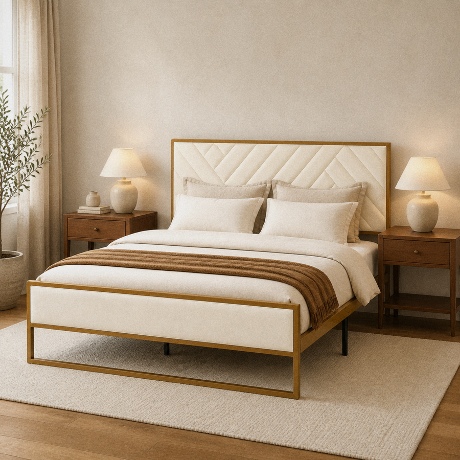 Angle | Three-quarter bedroom view showing the diagonal channel tufting, rectangular footboard, and open base