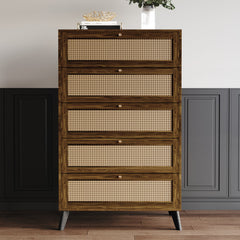 Five-Drawer Chest, Particle Board and Engineered Wood, Cane Panels, Brown