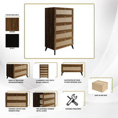 Five-Drawer Chest, Particle Board and Engineered Wood, Cane Panels, Brown