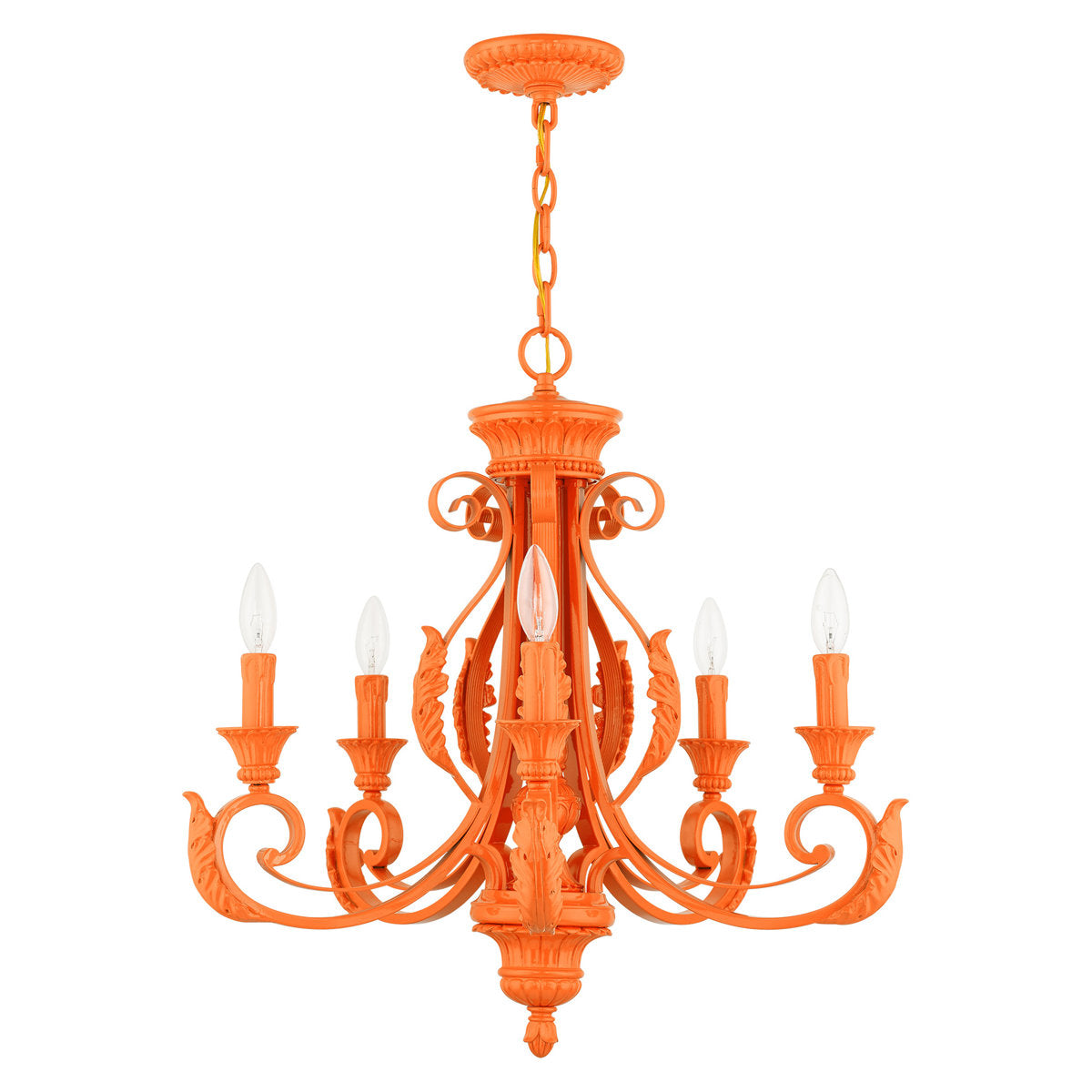 Five-Light Chandelier in Shiny Orange Metal with Leaf Pattern