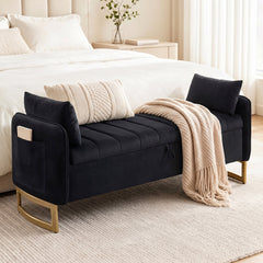 Flip Top Storage Bench, 66 Inch, Black Velvet with Gold Metal Legs