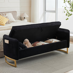 Flip Top Storage Bench, 66 Inch, Black Velvet with Gold Metal Legs