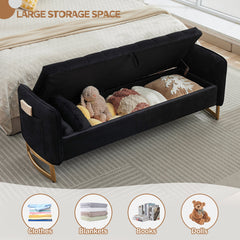 Flip Top Storage Bench, 66 Inch, Black Velvet with Gold Metal Legs