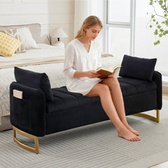 Flip Top Storage Bench, 66 Inch, Black Velvet with Gold Metal Legs