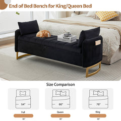 Flip Top Storage Bench, 66 Inch, Black Velvet with Gold Metal Legs