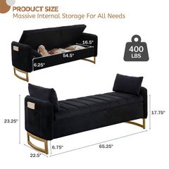Flip Top Storage Bench, 66 Inch, Black Velvet with Gold Metal Legs