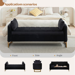 Flip Top Storage Bench, 66 Inch, Black Velvet with Gold Metal Legs