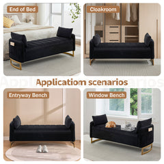 Flip Top Storage Bench, 66 Inch, Black Velvet with Gold Metal Legs