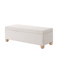 Flip-Top Storage Bench in Cream Boucle with Solid Wood Legs