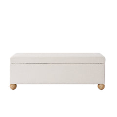 Flip-Top Storage Bench in Cream Boucle with Solid Wood Legs