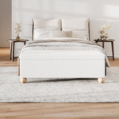 Flip-Top Storage Bench in Cream Boucle with Solid Wood Legs