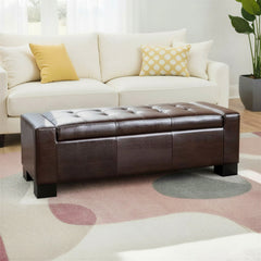 Flip-Top Storage Ottoman, Brown Faux Leather with Tapered Birch Legs