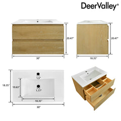 Floating Bathroom Vanity, Cove, 30 Inch, Wall Mounted, Ceramic Sink Top, White