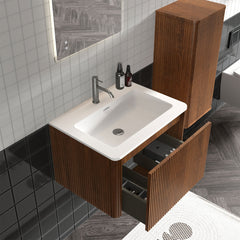 Floating Bathroom Vanity with Ceramic Sink, 24 in, Walnut with Matte White Top