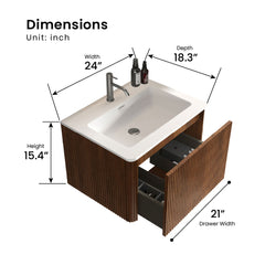 Floating Bathroom Vanity with Ceramic Sink, 24 in, Walnut with Matte White Top