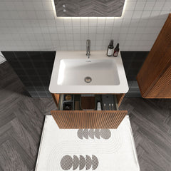 Floating Bathroom Vanity with Ceramic Sink, 24 in, Walnut with Matte White Top