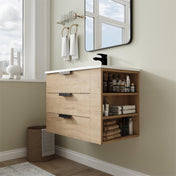 Floating Bathroom Vanity with Sink, 30 Inch, Oak-Look Base with Glossy White Top