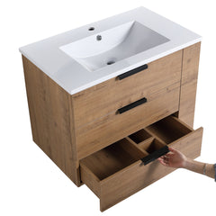 Floating Bathroom Vanity with Sink, 30 Inch, Oak-Look Base with Glossy White Top