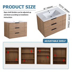Floating Bathroom Vanity with Sink, 30 Inch, Oak-Look Base with Glossy White Top