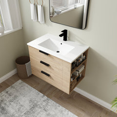 Floating Bathroom Vanity with Sink, 30 Inch, Oak-Look Base with Glossy White Top
