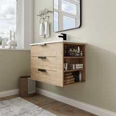 Floating Bathroom Vanity with Sink, 30 Inch, Oak-Look Base with Glossy White Top