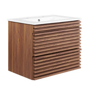 Floating Single Vanity with Integrated Ceramic Sink, Brown Base and White Top