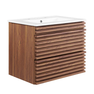 Floating Single Vanity with Integrated Ceramic Sink, Brown Base and White Top