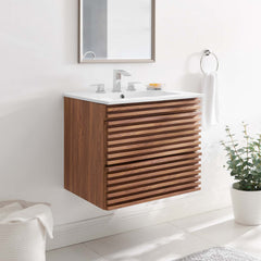 Floating Single Vanity with Integrated Ceramic Sink, Brown Base and White Top