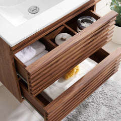 Floating Single Vanity with Integrated Ceramic Sink, Brown Base and White Top