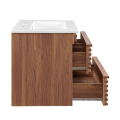 Floating Single Vanity with Integrated Ceramic Sink, Brown Base and White Top