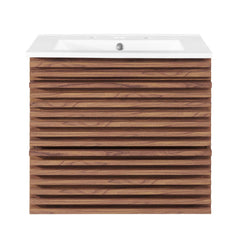Floating Single Vanity with Integrated Ceramic Sink, Brown Base and White Top