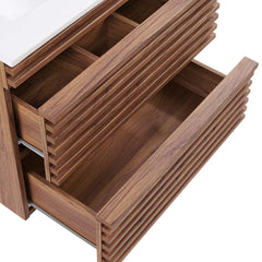 Floating Single Vanity with Integrated Ceramic Sink, Brown Base and White Top