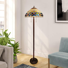 Floor Lamp, 2-Light, Stained Glass Shade with Dark Brown Base