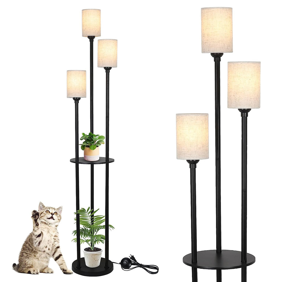 Floor Lamp, 3-Light, Beige Rattan Shade with Black Metal Base