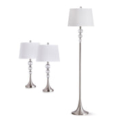 Floor Lamp, 3-Light Crystal and Metal in Brushed Nickel with White Shade