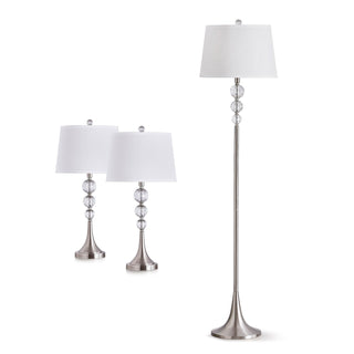 Floor Lamp, 3-Light Crystal and Metal in Brushed Nickel with White Shade