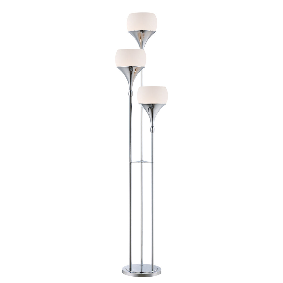 Floor Lamp, 3-Light Metal in Polished Chrome with White Frosted Glass Shade