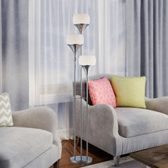 Floor Lamp, 3-Light Metal in Polished Chrome with White Frosted Glass Shade