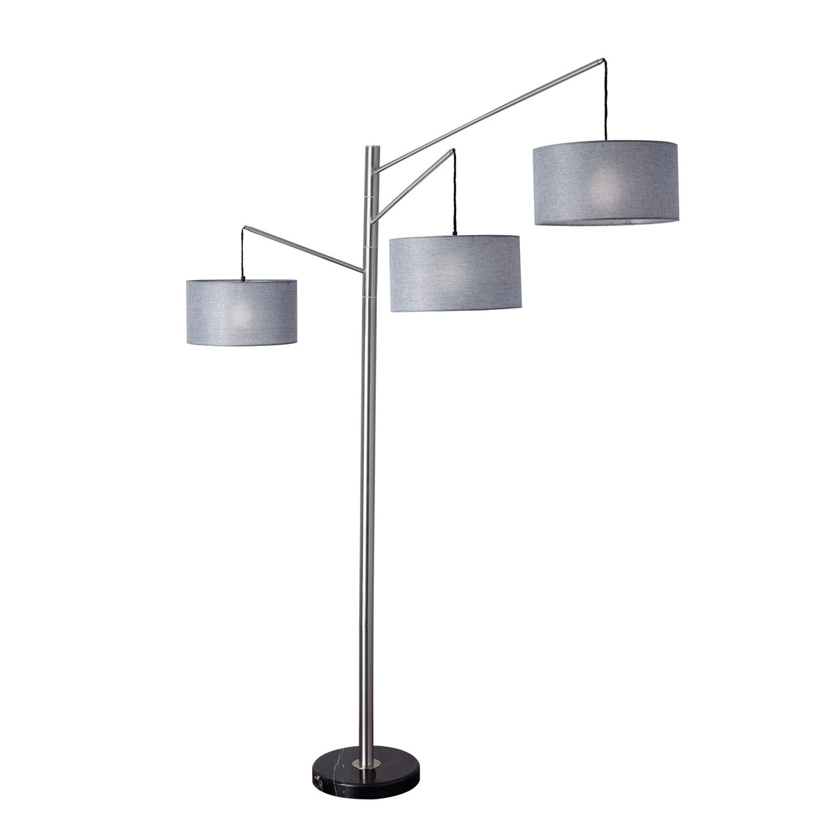 Floor Lamp, 3 Lights, Gray Drum Shade with Brushed Steel Base